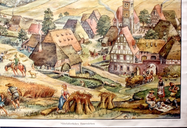 Vintage Wandkarte Mittelalterliches Bauernleben